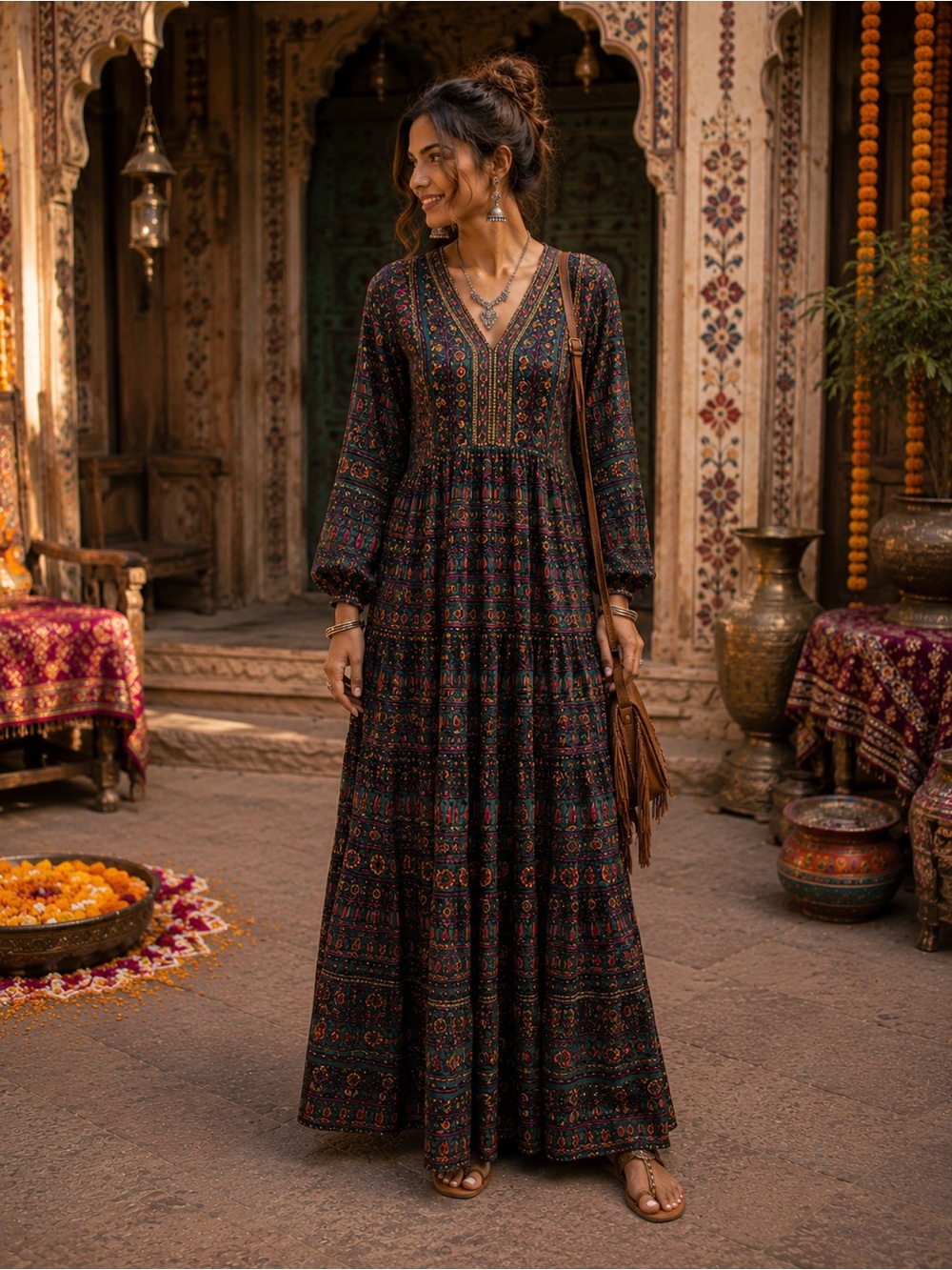 S - AACHHO - Bohemian /Indian Multicolor Long Sleeve Dress
